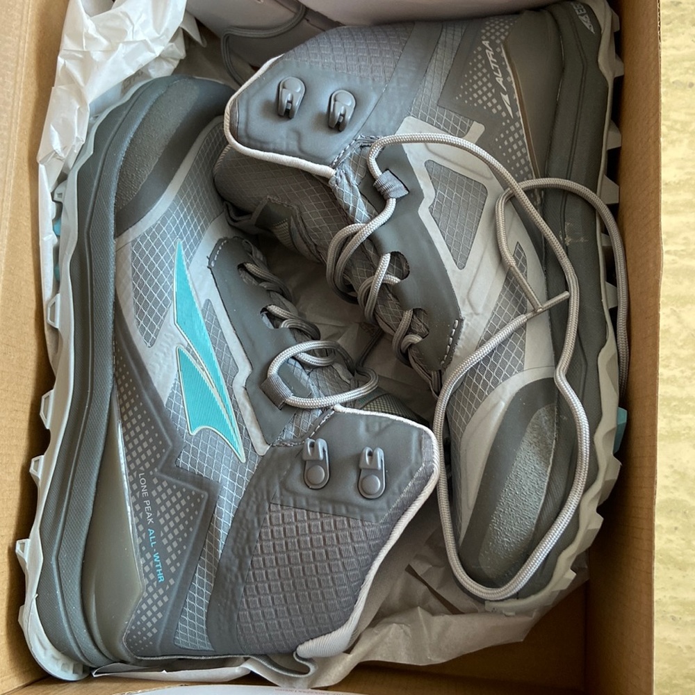 Brand new.  Altra Lone Peak All-weather hiking boots. Size 7. Never worn.